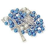 Nazareth Store Perlen-Rosenkranz, weiße Vaterunser-Perlen-Halskette, Lourdes-Medaille und Kreuz, Kruzifix, spirituelle Hingabe (Blau)