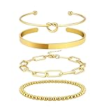 Vergoldete Armbänder Damen Gold Armreif Einstellbare offene Manschette Armreif Armbänder Set Elastische Gold Perlen Armband Geschichtet Kubanische Chain Armband Goldschmuck für Frauen (4 Stück)