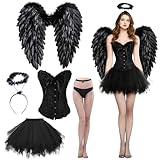 Shengruili Engel Kostüm,Engel und Teufel Flügel Kostüm,Engels Flügel Kostüm,Engel Kostüm Damen mit Heiligenschein,Engelsflügel Schwarz Engel Flügel für Halloween Karneval Cosplay Party