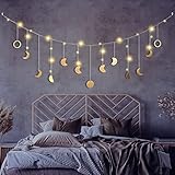 Mondphasen Girlande, Wanddeko Boho, Mond Girlande Aesthetic Room Wandbehang Decor Wohnzimmer, Schlafzimmer, Boho Deko Valentinstag Girlande Gold 144cm 13 Monde, mit LED Lichterkette