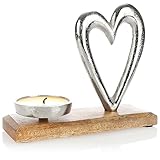 com-four® Kerzenhalter mit Deko-Figur - Dekorativer Kerzenständer aus vernickeltem Aluminium mit Mangoholz-Sockel - Teelichthalter für Kerzen Aller Art (Design 2)