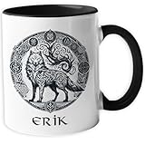 Personalisierte Wikinger Tasse | Motiv Tribal, Runen, und Wolf | mit Namen personalisiert, Keramik Kaffeetasse Metbecher mit Wunschname 330 ml