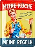 LANOLU Retro Blechschild Küche - Vintage Schild mit Spruch - MEINE KÜCHE MEINE REGELN - lustige Wanddeko Küche - Poster als Metallschild mit Stanzung 15x20 cm