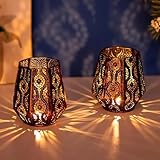 Romadedi Orientalische Laterne Windlicht Bronze - 2er Set Orientalisch Kerzenhalter Metall Deko für Stumpenkerzen Teelichter Kerzen Wohnzimmer Tischdeko Badezimmer Schlafzimmer Balkon Weihnachten