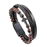 Lucktao kreuz Armband Herren,Jesus Christus Kruzifix Armband,Schwarz Geflochtene Echt Leder Armbänder mit Magnetverschluss,Herren Tigerauge Perlen Armband,Herren Armband,Geschenk für Männer