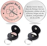 Morpome 2 stück, Kleine Bin Immer Bei Dir Glücksbringer mit Echtleder Tasche Schlüsselanhänger Mutmacher Geschenk Glücksmünze für Familie Frauen Jungen (Silbrig + Roségold)