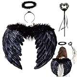 3er Engelsflügel Schwarz mit Heiligenschein & Zauberstab,Liebe Engel Flügel Kinder Engel Kostüm Feder Flügel Dunkler Engel Kostüm Kinder Halloween Karneval Cosplay Accessoires(45CM×35CM)
