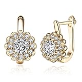 Modische Zirkonia-Diamant-Creolen für Damen, 14 Karat Gold, Blume, Huggie, Klappbügel, Hypoallergen, Geburtstagsgeschenk, Weihnachten für Mutter, Messing