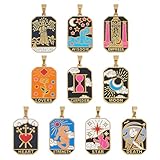 DICOSMETIC 10 Stück 10 Stile Tarot Anhänger Mit Bedrucktem Emaille Und 3K Vergoldetem Schmuckanhänger Mit Tarot Motiven. Rechteckiger Anhänger Mit Magischem Tarot Muster Für Die Schmuckherstellung