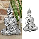 Cepewa Buddha sitzend | 12x17,5x7cm Silber Polyresin | Statue Skulptur Feng Shui Lotussitz | Wohndeko Meditation