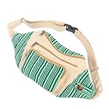 Freakmandu Umweltfreundliche Bauchtasche im Boho-Hippie-Stil, Hanftasche, zum Wandern, Laufen, Joggen, Weiß, Grün gestreift, Adjustable Size, Hüfttaschen