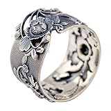 ForFox Damen Schwarz Breit 999 Sterling Silber Orientalische Pfingstrose Blume Ring 15mm Offen Verstellbar