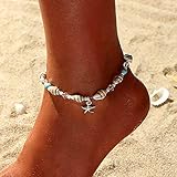 Zoestar Boho-Fußkettchen, SIlber, mit Türkis, Seestern, Muschel-Perlen, Armband, Fußschmuck für Damen und Mädchen