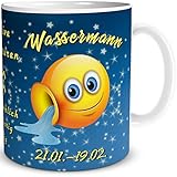 TRIOSK Tasse Smiley mit Spruch lustig Sternzeichen Wassermann Geburtstagstasse Geschenk für Frauen Männer Arbeit Büro Kollegen Geburtstag