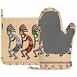 Mxocom Kokopelli Ofenhandschuh und Topflappen mit Silikon-stilisierten mythischen Figuren, Spielflöten, hitzebeständig, Küche zum Kochen, Grillen, Frühling/Sommer