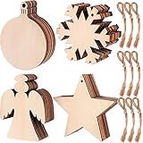 KAHEIGN 80Pcs Weihnachten Holz Ornamente Runde Holz Scheiben, Schneeflocke Engel Sterne Laterne Form Holzscheibe mit 80pcs Schnüre für Weihnachtsbaum DIY Anhänger Dekoration