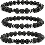 LOCCY Perlenarmband Herren, 3 Stück 8mm Perlenarmbänder Set Stretch Tigerauge Armband Lavastein Perlen Armband für Männer Fraun für Geburtstag Vatertag Weihnachten Geschenke (Schwarz+Lavastein)