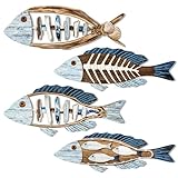 FZkuozougedd Fisch-Ozean-Wandkunst-Dekoration - 4 Stück Holz Fisch Küstenwandkunst Nautische Holzskulpturen Hängeschmuck See- Tier-Wandkunst Außendekoration Wegrand Rasen Zierfiguren Garten Hof