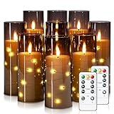 Homemory Flackernden Flammenlose Kerzen mit Lichterkette, Batteriebetriebene Kerzen mit Fernbedienung und Timer, Eingebettete Lichterkette LED-Kerzen, Acryl, Heimdekoration, Grau, 9er-Set