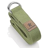 BODYMATE Yogagurt Mit Metallverschluss - Band für Anfänger und Fortgeschrittene, Schlaufe aus 100% Baumwolle, 250cm Lang und 3,8cm Breit, Olivgrün