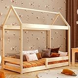 YOUKO Hausbett Kinder Ben 190x80 aus Kiefernholz - Kinder Bett Für einen Jungen und EIN Mädchen - Montessori Bett Schlichten Stil - Hausbett Varnish