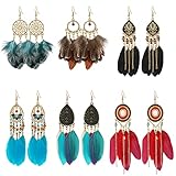 Vspek Bohemian Feder Ohrringe Set - Damen Ethnische Lange Bunte Fransen für Weihnachten, Valentinstag, Muttertag, Geburtstag Geschenk