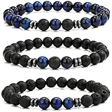 LOCCY Perlenarmband Herren, 3 Stück 8mm Perlenarmbänder Set Stretch Tigerauge Armband Lavastein Perlen Armband für Männer Fraun für Geburtstag Vatertag Weihnachten Geschenke (Blau Tigerauge+Lavastein)