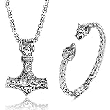 JeweBella Thors Hammer Halskette Wikinger Wolfskopf Armbänder Set für Herren Männer Mjolnir Edelstahl Halskette Armbänder Manschette Odin Anhänger Thors Halskette Wikinger Herren Schmuck