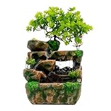 MINRS Zimmerbrunnen Wasserfall, Tischbrunnen mit Led Beleuchtung Grüne Pflanze Brunnen Table Indoor Fountain Deko Tischbrunnen Wasserfall, für Platzierung Wohnzimmer, büro 18 x 15 x 30cm