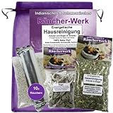 ENERGETISCHE HAUSREINIGUNG 6-TLG Set mit weißer Salbei zum räuchern und Negative Energie ausräuchern für Haus, Wohnung, Praxis. 2X Räuchermischungen, Räucherkohle, ZUBEHÖR, Täschchen 81043SA