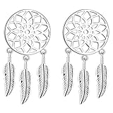 LÖB Damen Ohrstecker 925 Silber rhodiniert mit Traumfänger und Federn Boho Vintage Ohrringe Dreamcatcher Hängend Lang 2,2cm