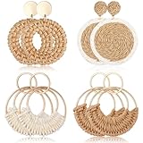 4 Pairs Boho Earrings Handmade Raffia Ohrringe Bohemian Raffia Hoop Baumeln Ohrrings Wicker Rattan Ohrringe für Damen Geschenk Frauen Und Mädchen