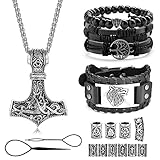 Adramata Wikinger Halskette für Herren Armband Set Thors Hammer Halskette Kette Wikinger Armbänder Wikinger Bartperlen Haarperlen Lederarmband Herren Perlenarmband Wikinger Geschenke Wikinger Schmuck