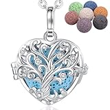 INFUSEU Aromatherapie Halskette, Versilbert Herzform Frauen Duftstein Der Baum des Lebens Anhänger Meditations Kette Stimmungskette Lavastein Diffuser Frauen Schmuck
