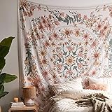 Beige Bohemian Tapisserie Wandbehang, Mandala Blumenmedaillon mit weißem ästhetischen Kranz Design, Psychedelischer Hippie Wanddekor Decke für Schlafzimmer Wohnheim, 150 * 170cm