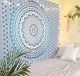 RAJRANG Blauer Mandala Wandteppich aus Baumwolle 228 x 213 cm Ombre Hippie Tapestry Großes Wandtuch für Schlafzimmer Wohnzimmer Deko