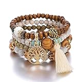 LICHUANUK Boho 4 Stück Armbänder Holzperlen Quaste, Chakra für Frauen, Natürliches Kristall heilsteine, Frauen Baum des Lebens Charm Statement Armreifen, Perle (Milky white)