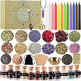 NCKIHRKK Witchcraft Starter Kit, Hexen Zubehör Mit Kerzen, Trockenblumen, Amethyst Pendel, Kristalle, Holztafeln, Pergamentpapier, Hexen Deko Magie Wicca Zubehör Geschenke Set Für Damen