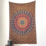 MOMOMUS Wandteppich Mandala - Mehrzweck, Bunt, 100% Baumwolle - Ideal als Wandteppich Aesthetic, Wandtuch Boho, Indischer Wandbehang aus Stoff oder Wall Tapestry - Blau und Gelb, 135x210 cm