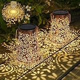 JOYCREATOR 2 Stück Solarlaterne für Außen Wasserdicht, Paisley Solar Laternen für Draußen Hängend, Metall Deko Solarlampen für Außen Garten für Terrasse Patio Baum Rasen Vintage
