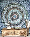 GURU SHOP Boho-Style Wandbehang, Indische Tagesdecke Mandala Druck- Blau/grün, Mehrfarbig, Baumwolle, 225x205x0,2 cm, Bettüberwurf, Sofa Überwurf