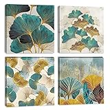 Artscope 4 Teilig Leinwandbilder mit Ginkgo Biloba Blätter Motiv Kunstdruck - Moderne Wandbild für Küche Badezimmer Wohnzimmer Wanddekoration - 30 x 30 cm
