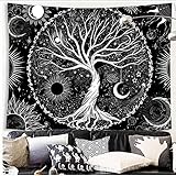 Sequpr Baum des Lebens Wandteppich Sonne Mond Tapisserie Schwarz Wandbehang Wandtuch Wanddeko Wandteppich für Schlafzimmer Wohnzimmer Wohnheim (130x150cm)