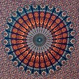 MOMOMUS Wandteppich Mandala - Mehrzweck, Bunt, 100% Baumwolle - Ideal als Wandteppich Aesthetic, Wandtuch Boho, Indischer Wandbehang aus Stoff oder Wall Tapestry - Blau und Rot, 210x230 cm