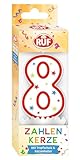 RUF Zahlenkerze Nummer 8, rote Geburtstags-Kerze mit bunten Sternchen, hochwertige Jubiläums-Kerze mit Tropfschutz, ideal als Kuchen Deko, 1 Stück