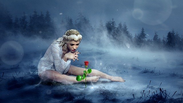Richtige Zaubersprüche. Titelbild. Frau im Schnee mit Rose.